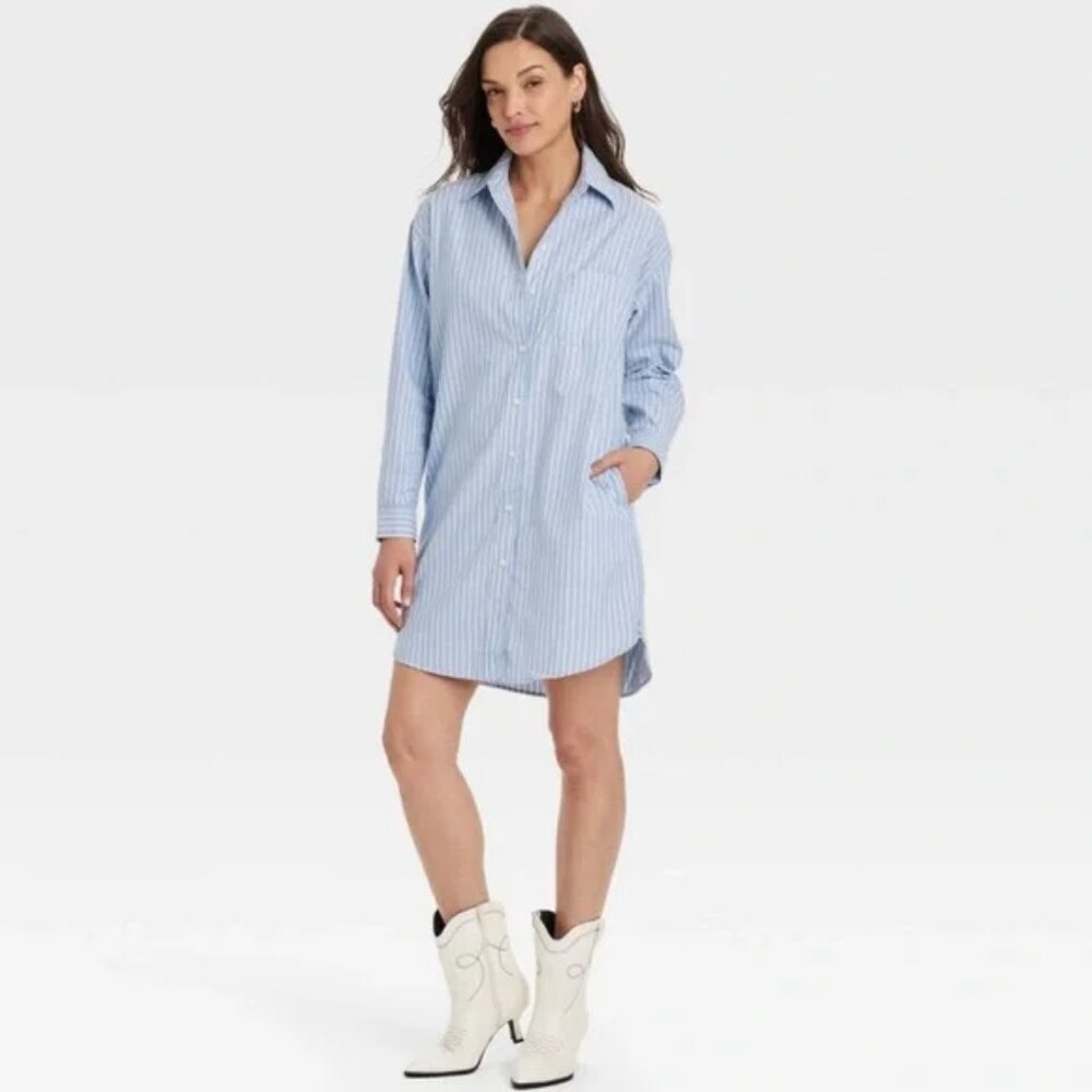 ✨ Universal Thread Long-Sleeve Mini Shirtdress  Blue Striped XXL✨